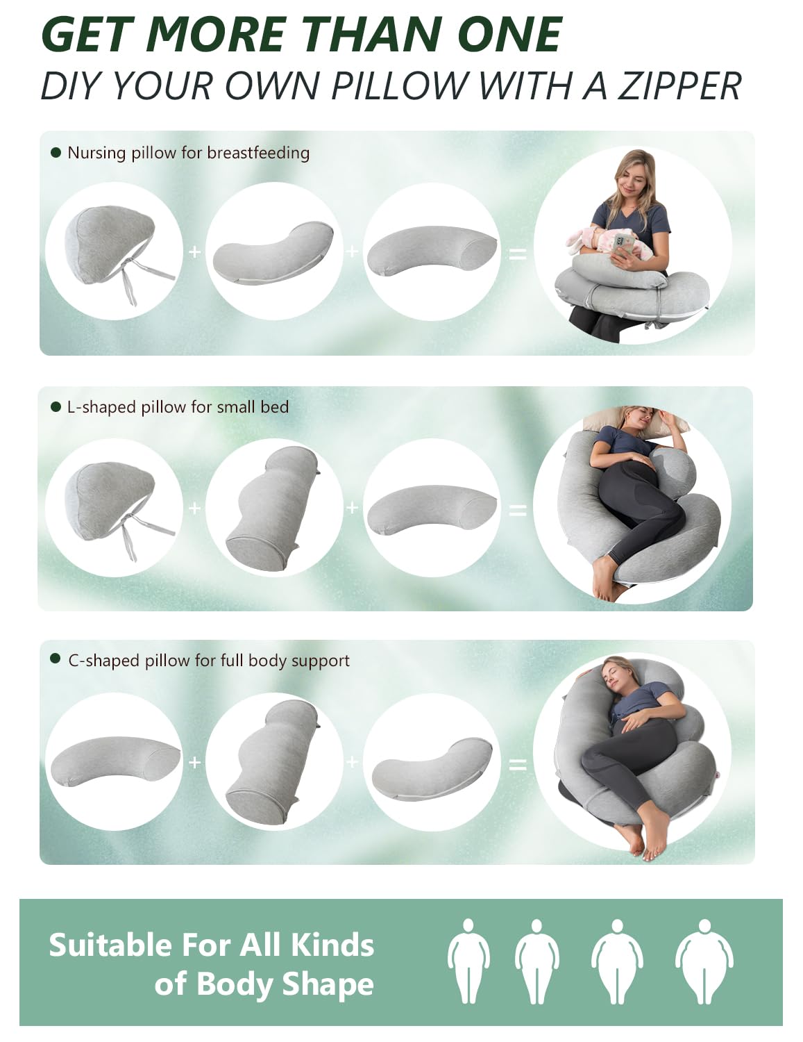 Meiz Cuscini per gravidanza, rinfrescanti per dormire, a forma di C, per adulti, fodera in rayon di bambù, grigio
