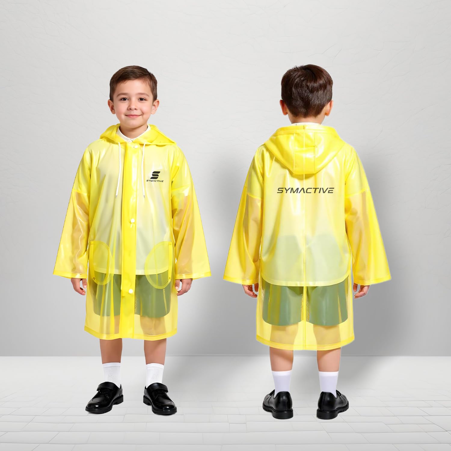 Amazon Brand – Symactive Reversible Double Layered Standard Length Hooded Raincoat with Pants for Kids (Unisex) | Waterproof | Elastic Cuffs | Age 09–10 Years | Yellow - Image 2 thumbnail