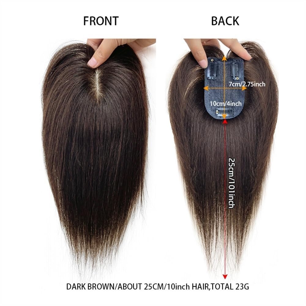Topper for capelli umani da donna 7×10 cm legati a mano traspiranti con base in seta, clip invisibile da 10" nei posticci(Dark brown)