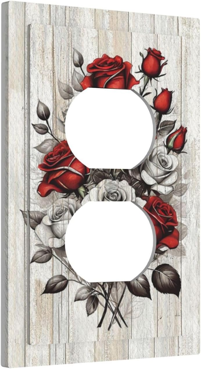 Decorative Outlet Covers Rustic Red Rose Floal Vintage Grey Wood Plank 1 Gang Duplex Light Switch Cover Plate Wall Plates for Electrical Outlets Electrical Switchplate Face Plate