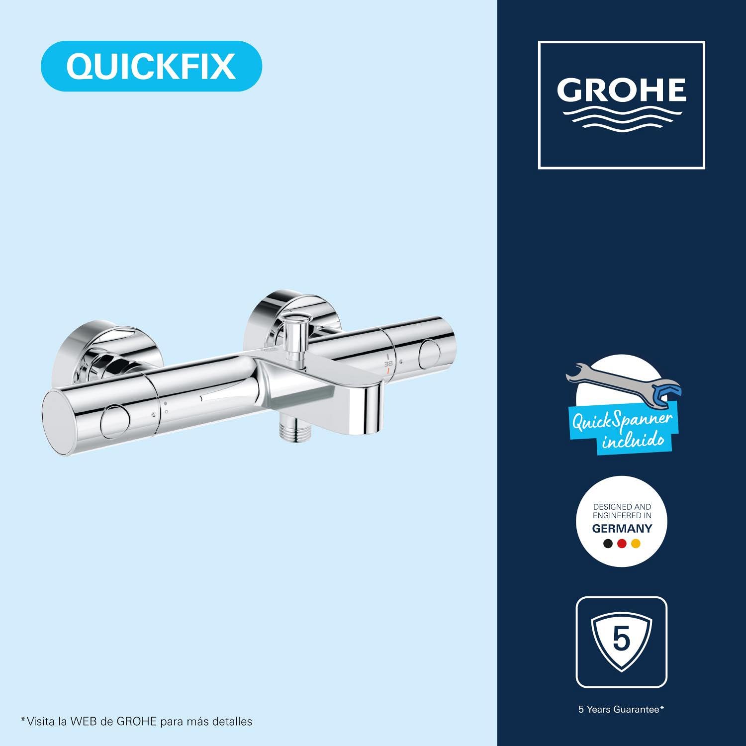 GROHE Precision Get - Grifo termostático de bañera con ahorro de agua (temperatura constante, protección antiquemaduras a 38°C, mezclador de baño y ducha con herramienta 3 en 1), cromo, 34774000