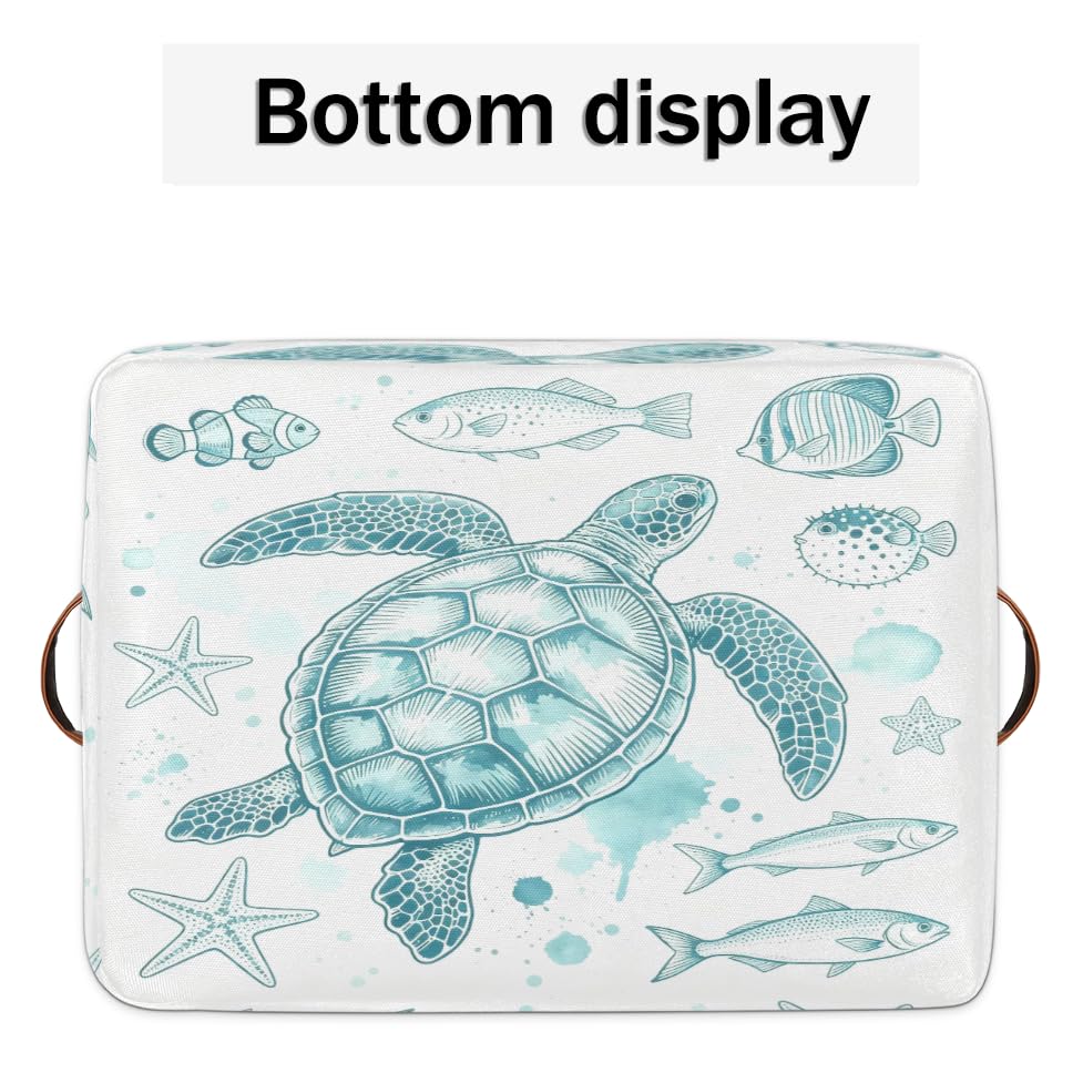Image of Ocean Fish Square Storage Basket, Sea Turtle Fabric Storage Bin with Leather Handles Collapsible Storage Bin Nursery Hamper for Organizing Toys, Clothes, Books, Gift Baskets