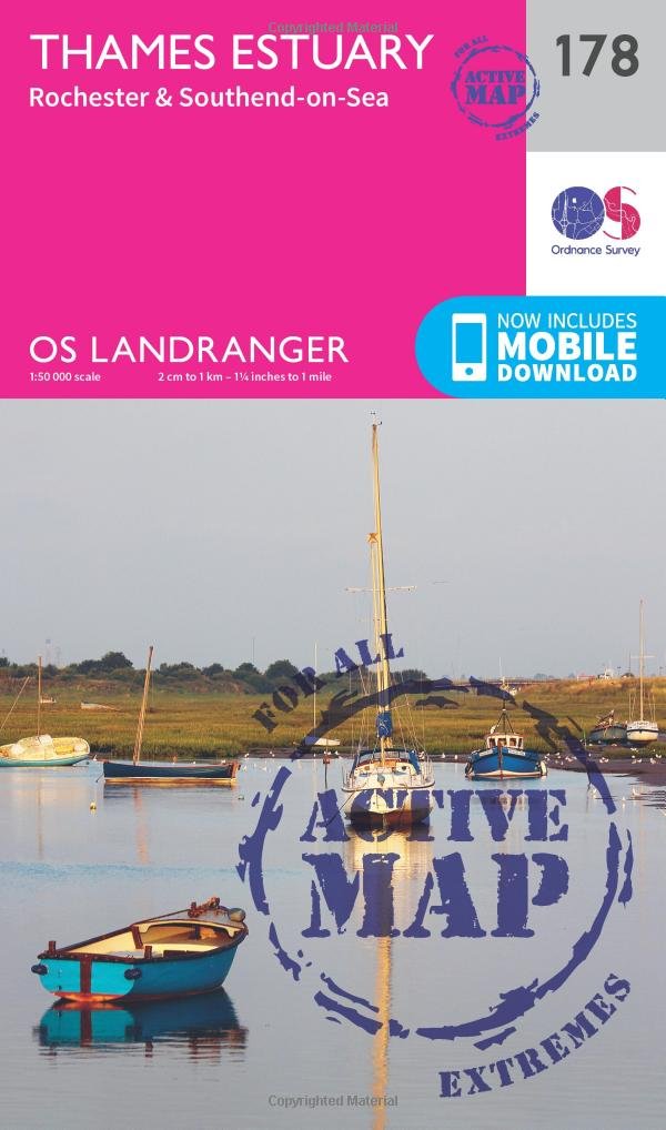Ordnance Survey Unisex Pink Landranger Active 178 Thames Estuary, Rochester & Southend-On-Sea Map With Digital Version