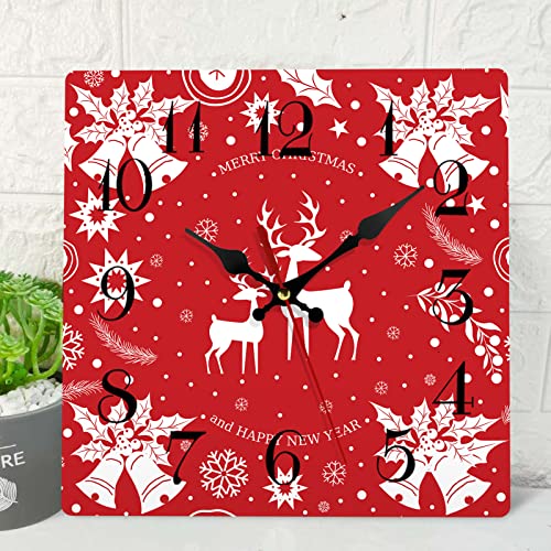 ArtSocket Weihnachts-Wanduhr, geräuschlos, nicht tickend, niedlicher Hirsch, Frohe Weihnachten, rot, quadratisch, Wanduhr, Dekoration für Zuhause, Küche, Wohnzimmer, Büro, batteriebetrieben (30,5 cm) Cover