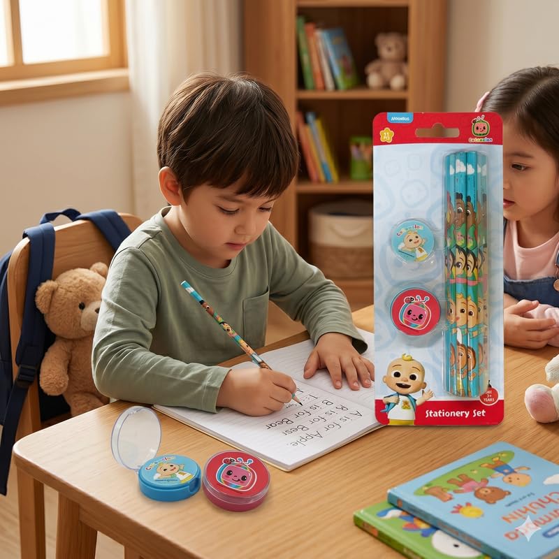 Image of CoComelon 11 pcs Stationery Set Pencils, Eraser, Sharpener | Study Kit for Boys & Girls | School Gift Set | Return Gift