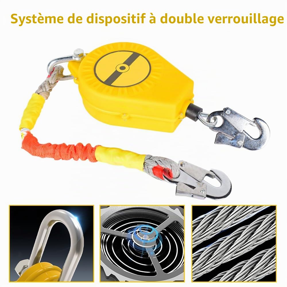 Dispositif Anti Chute a Rappel Automatique, Ligne de Vie Auto-Rétractable, Anti Chute a Rappel Automatique, Corde de Sécurité pour Toiture, D'échafaudage et Travaux en Hauteur, Charge:150kg