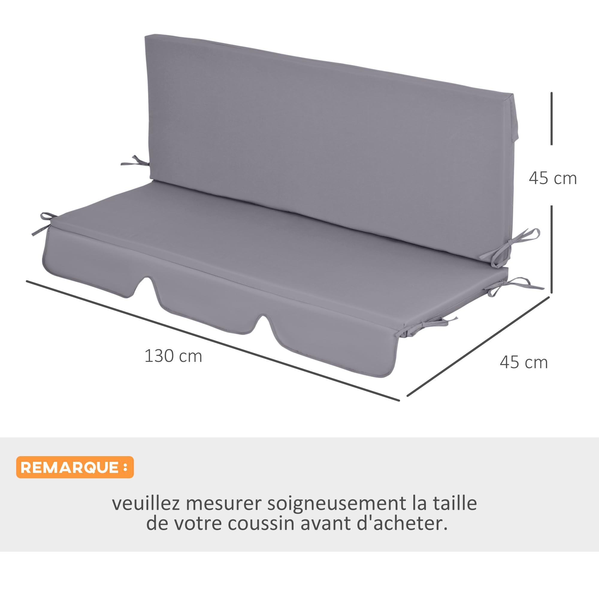 Outsunny Coussins pour Balancelle de Jardin 3 Places 130x45x5 cm Gris Foncé | Coussins pour Balancelle 3 Places, 2 Pièces Siège Dossier, Polyester 180g/m²