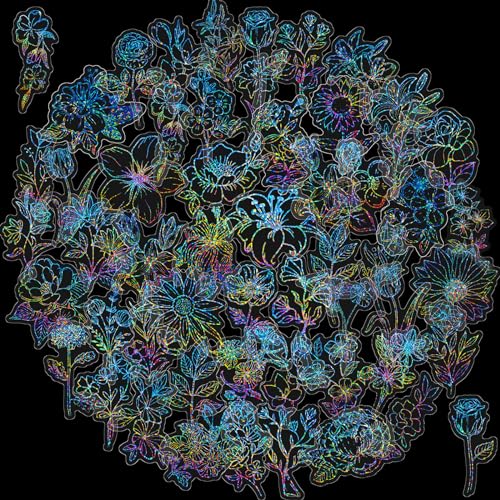 LIFEBE 50 Stück Blume Aufkleber Pack,Glänzend Holographisch PET Transparent Wasserdicht Laser Handwerk Harz Aufkleber Für Laptop, Handy, Wasserflasche, Skateboard; für Teens, Kinder Erwachsen