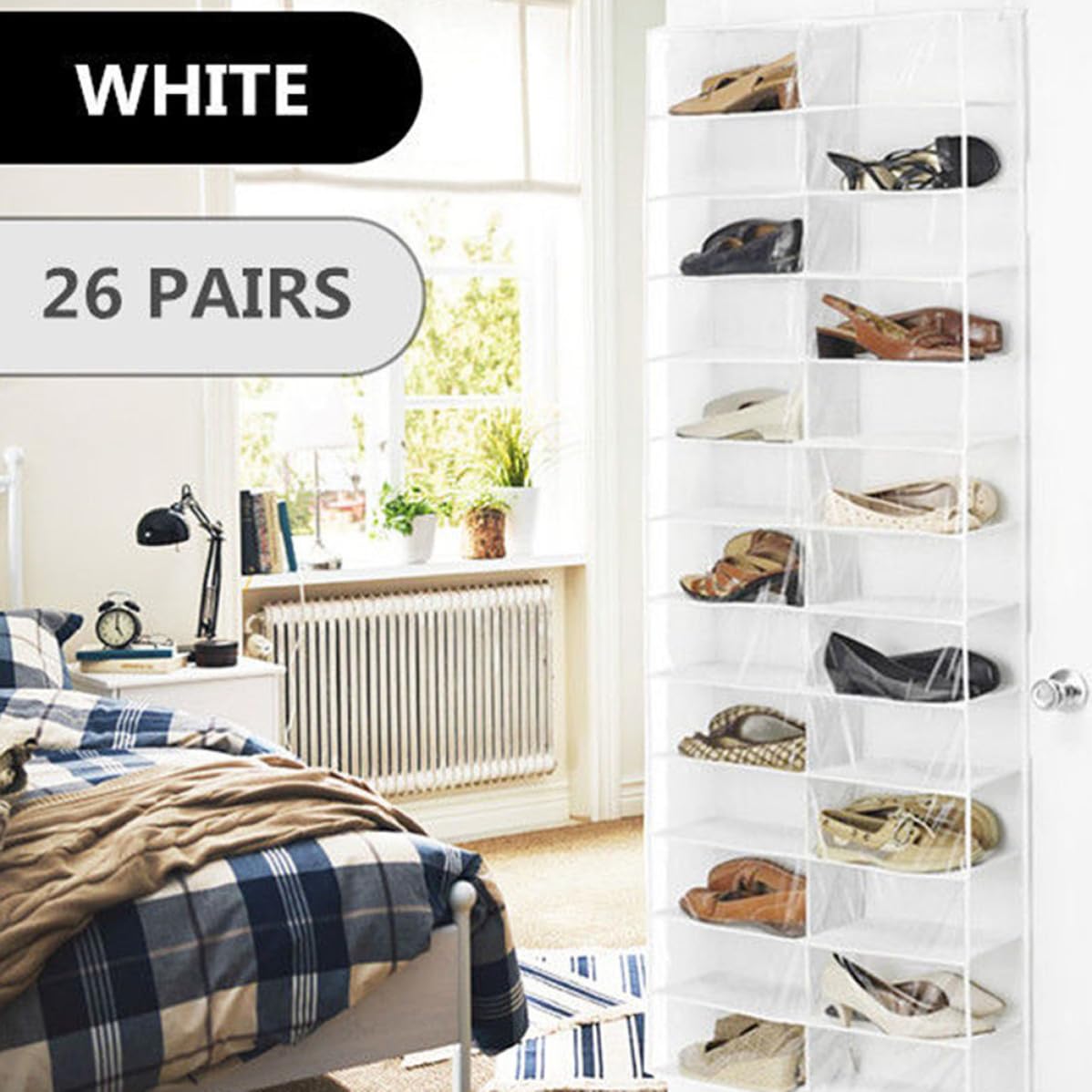 Organizador de Zapatos Colgador 26 Bolsillos 2 Piezas Blanco, Pvc, Tela No Tejida y Metal, Gran Capacidad y Ahorro de Espacio para Colgar Puerta para Zapatos y Zapatillas