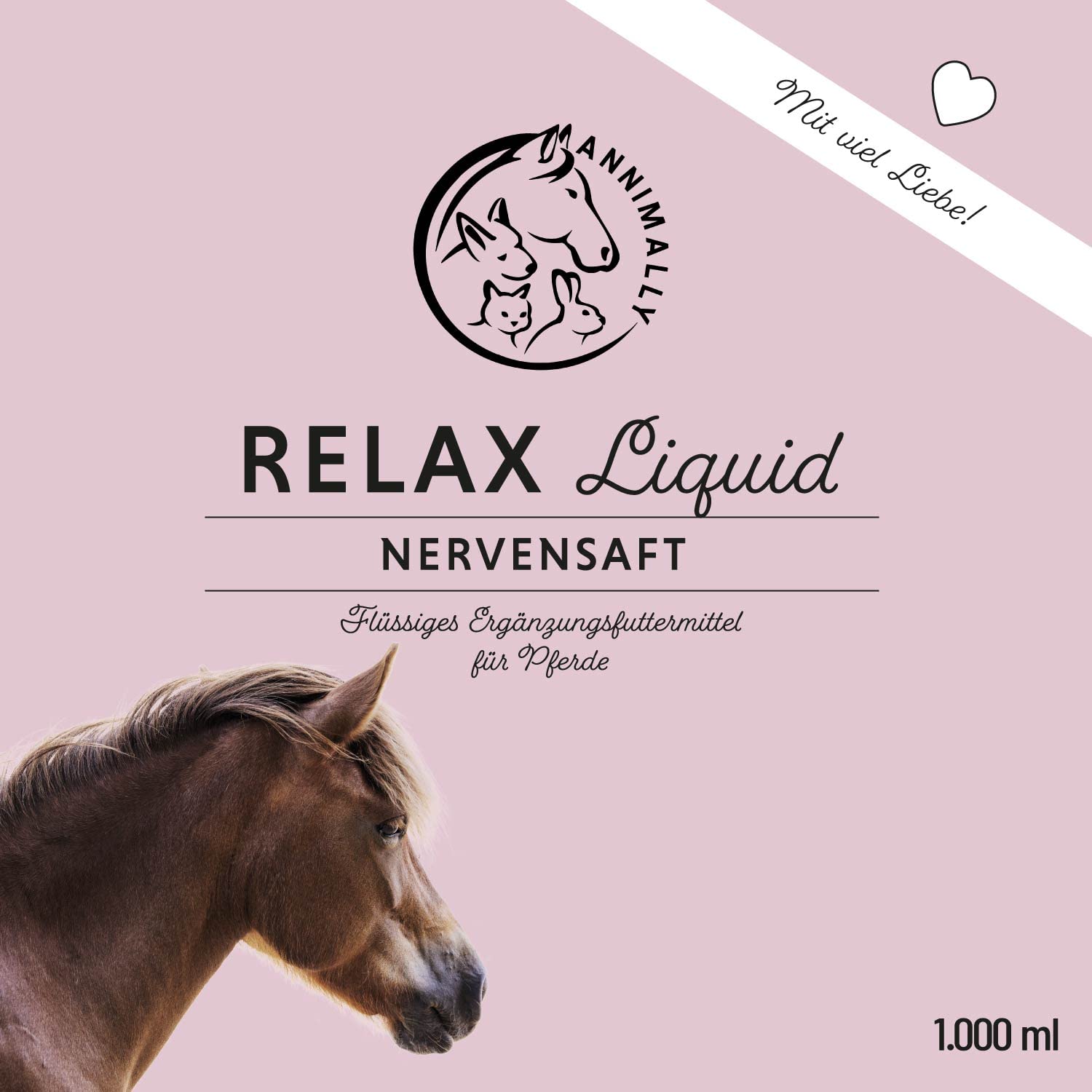 Annimally Relax Liquid für Pferde 1000ml Nervensaft zur Beruhigung beim Pferd mit Baldrian, Hopfen, Tryptophan, B12, Magnesium & Calcium flüssig - Gegen Angst, Stress & für Transport