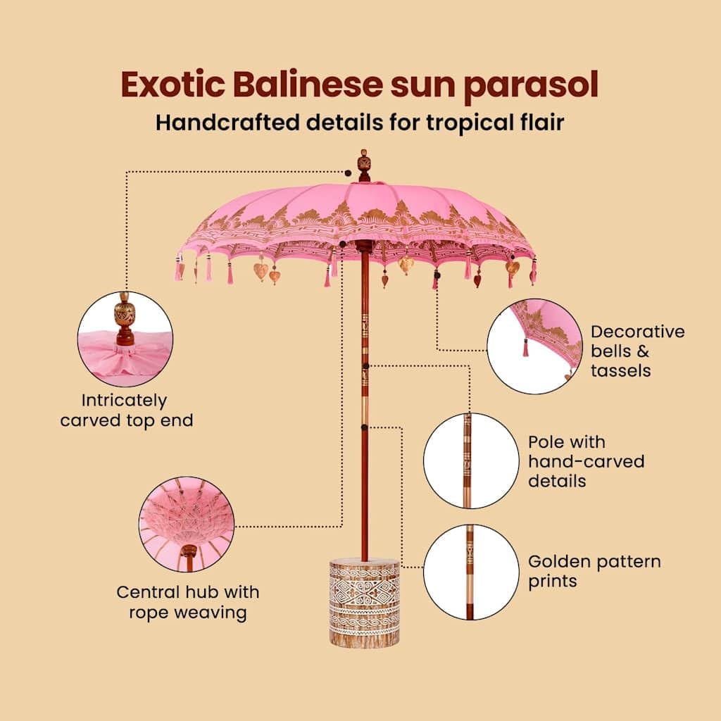 vidaXL Baliński Parasol z Bazą Różowy 215 x 215 x 260 cm, Bali Parasol, Okrągły Parasol Ogrodowy na Zewnątrz, Tropikalny Cień w Różu