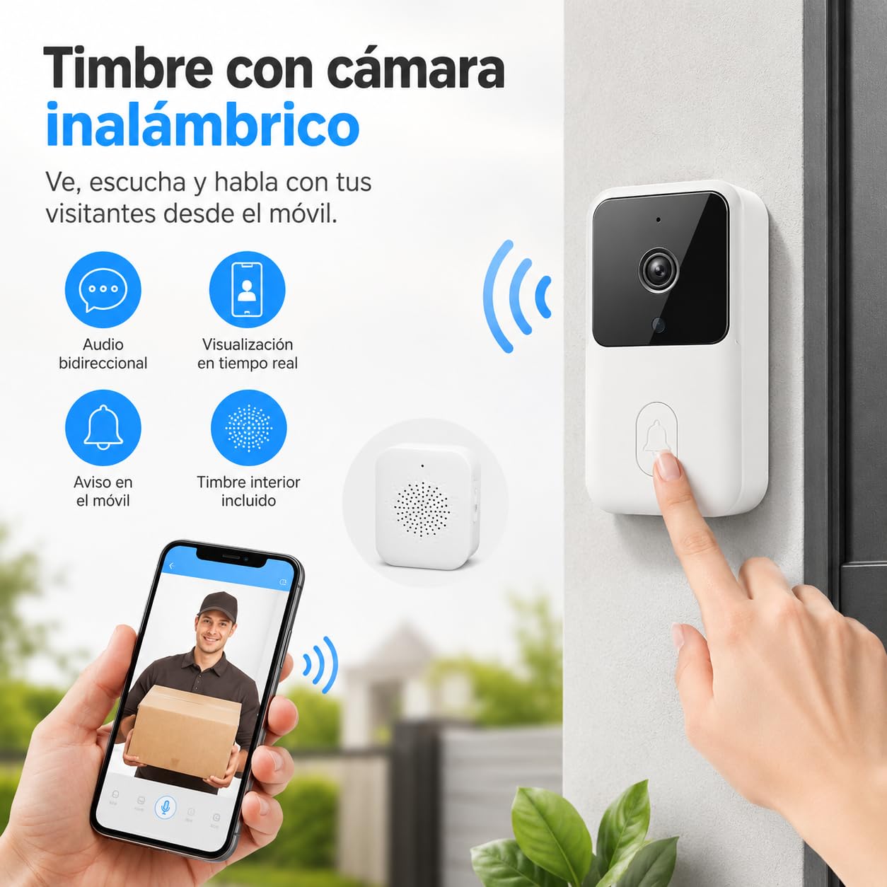 Genérico Videoportero Inteligente WiFi con Cámara 1080P HD, Timbre Inalámbrico de Fácil Instalación con Audio Bidireccional, Visión Nocturna y Alertas en Tiempo Real