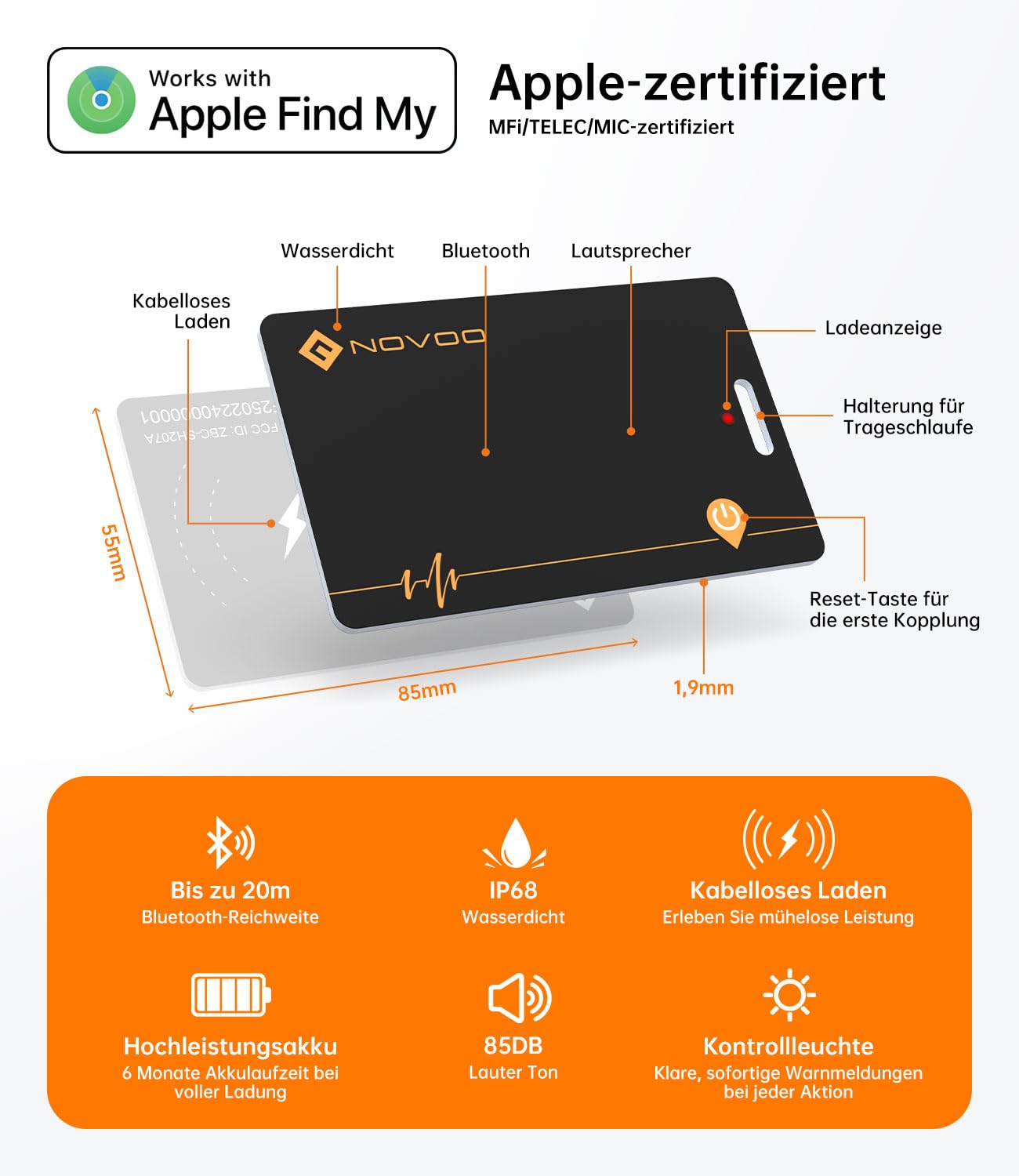 NOVOO Lot de 2 cartes de suivi de portefeuille fins rechargeables avec Apple Find My (iOS uniquement) Smart Bluetooth IP68 étanche SmartTag Card compatible avec portefeuille, bagages