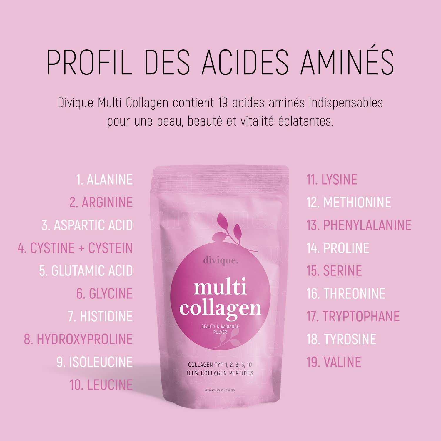 Divique poudre de collagène [500g] - premium multicollagène de type 1, 2, 3, 5, 10-100% peptides - 10 000 mg de collagène par jour - insipide, soluble, sans additifs