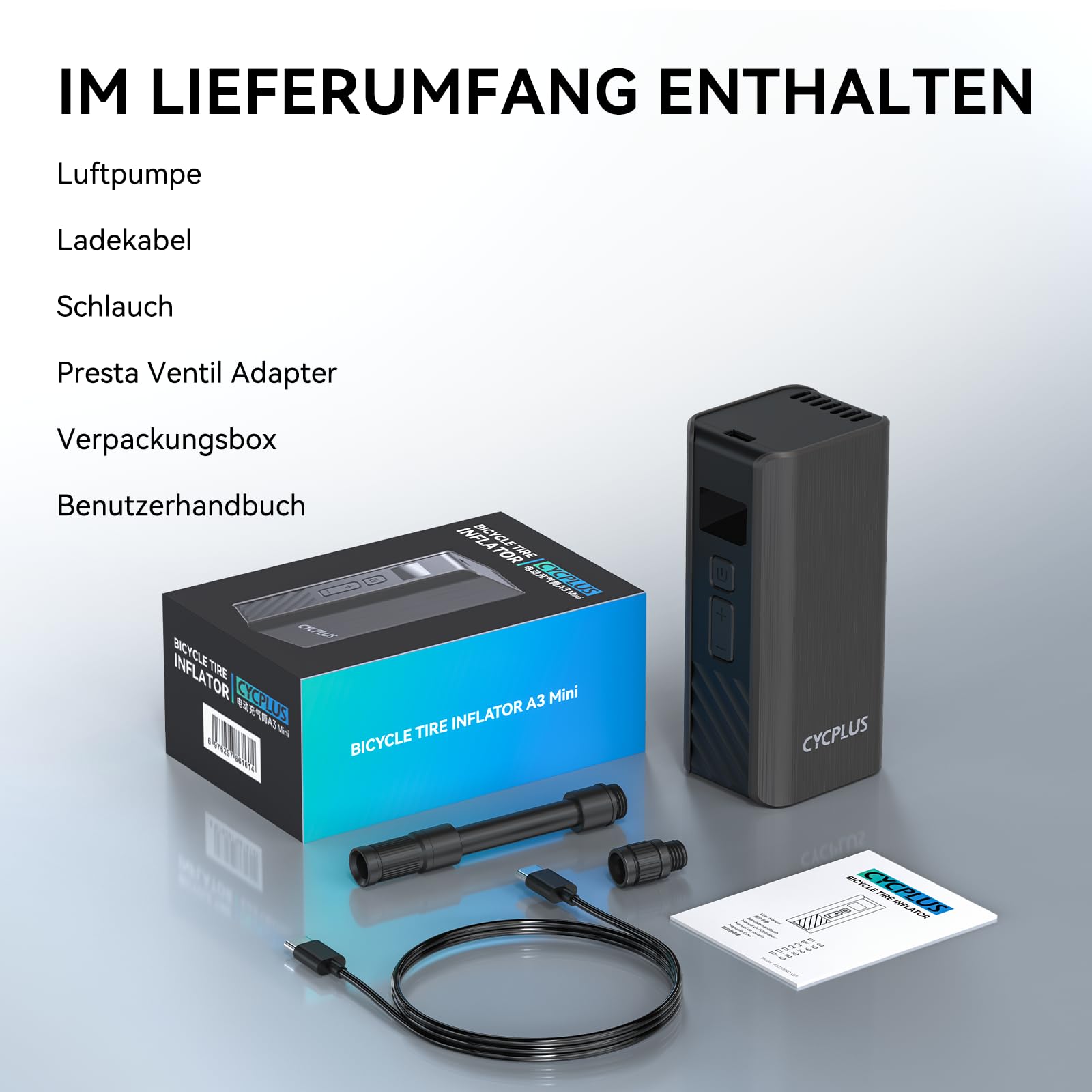 CYCPLUS A3 Mini Elektrische Fahrradpumpe, Tragbare Akku-Luftpumpe bis 120 PSI mit Auto-Stopp, für Presta- und Schrader-Ventile, geeignet für Rennrad, Mountainbike, E-Bike und Motorrad