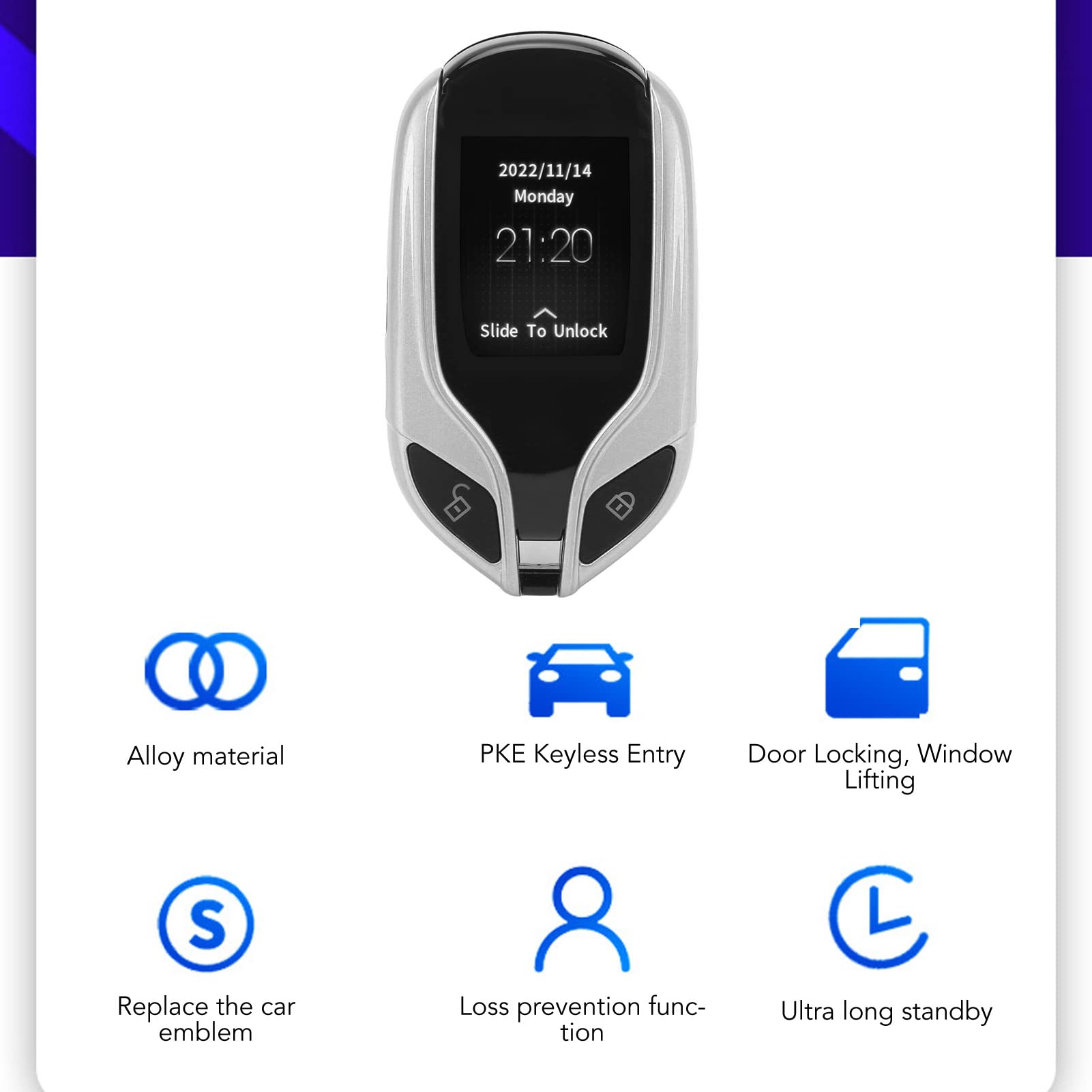 Car Keyless Entry Remote Control, LCD Screen Smart Key Universal Remote Car Key with One Button Start Long Standby Time PKE Keyless Entry System Car Key Fob for All (Silver)