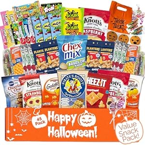 Halloween Care Package Snack box (45) Candy Snacks Assortment Trick or Treat Cookies Food Bars Toys Variety Gift Pack Box Bundle Mixed Bulk Sampler for Children Kids Boys Girls College Students Office