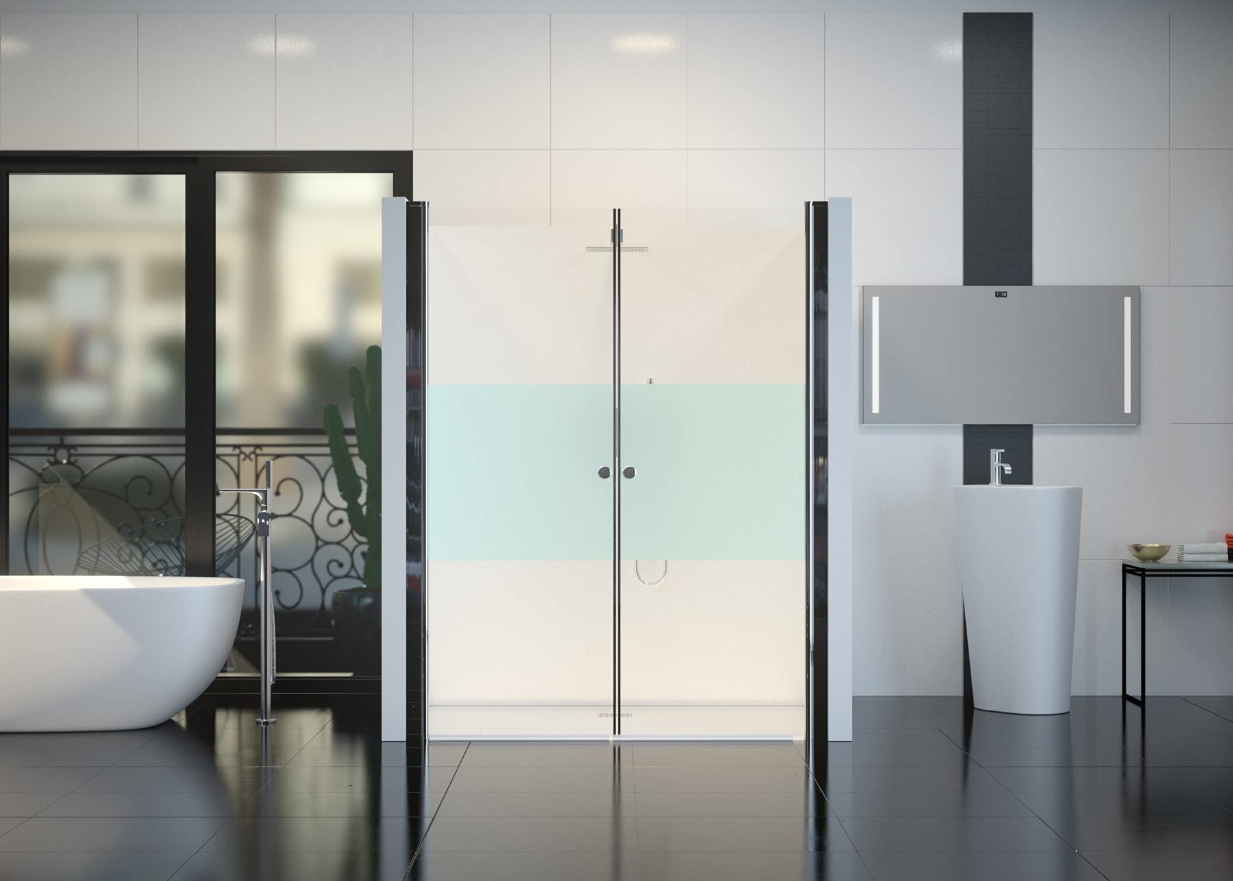 Cabina de ducha satinada, banda central 195 cm x 90 – 95 cm x 6 mm | ESG | Nano