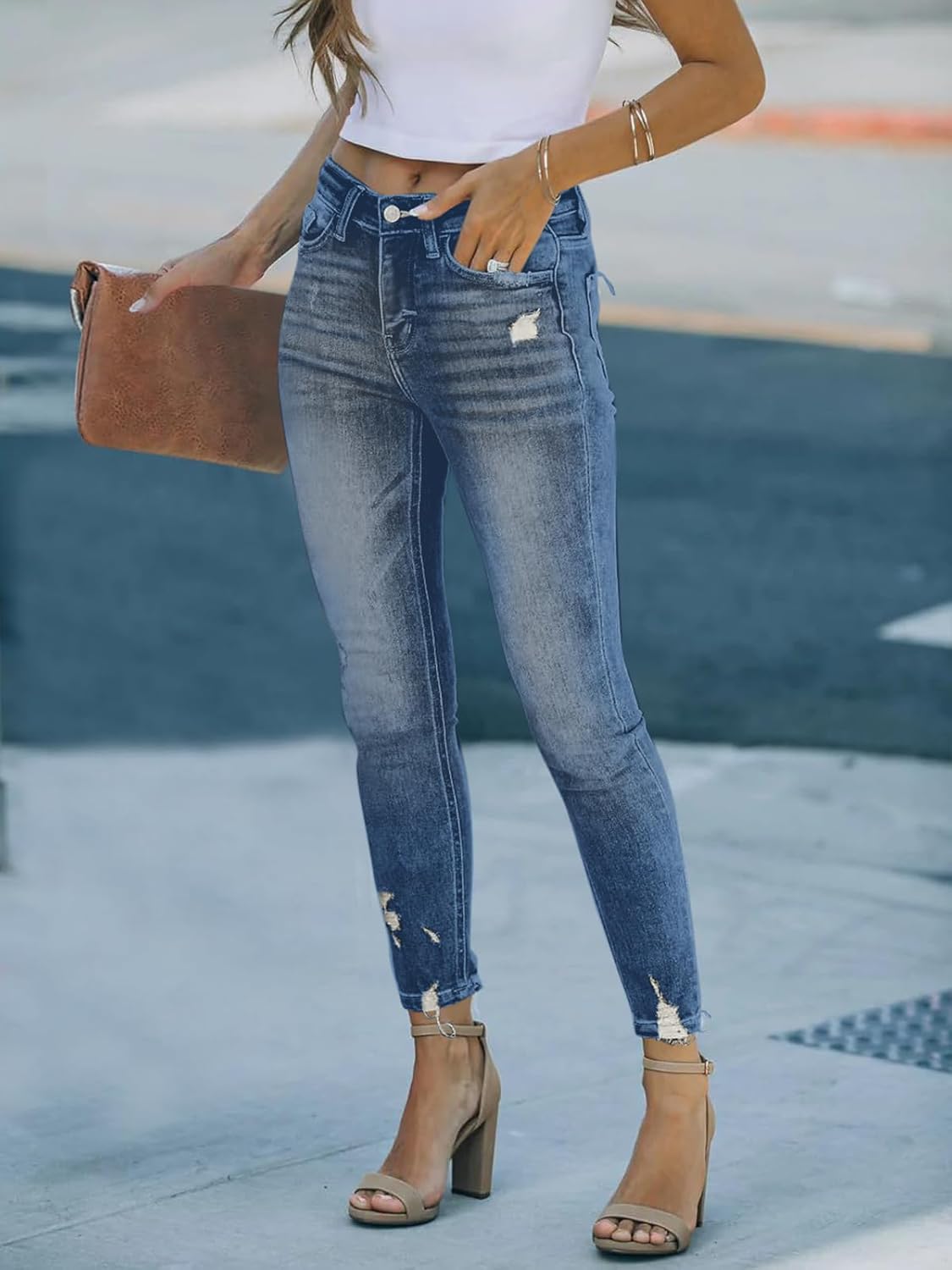 Women's Mid Waisted Jeans Trendy Distressed Stretch Ripped Butt Lift Denim Pants (Pack of 2) - Image 3