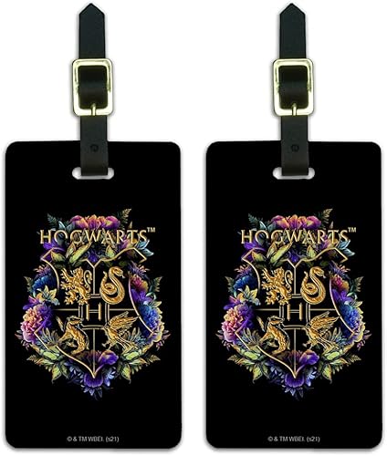 Harry Potter Hogwarts - Juego de 2 tarjetas de identificación con escudo floral para equipaje de mano