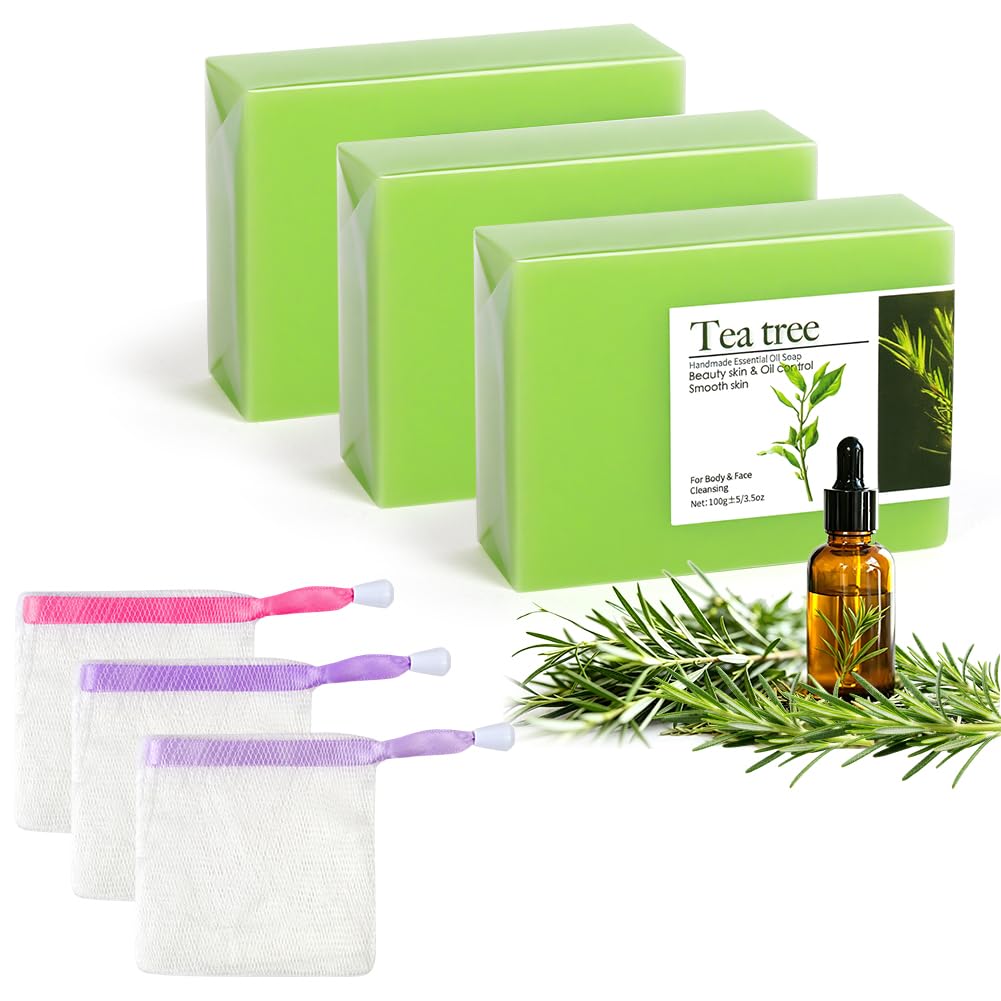 AOOWU Jabón de Árbol de Té, Jabón Natural de Arbol de Té con 3×Red Espumante, Hidratante, Unificar El Tono de La Piel, Limpieza Profunda, Jabon de Cuerpo y Cara para Todo Tipo de Piel (3x105g)