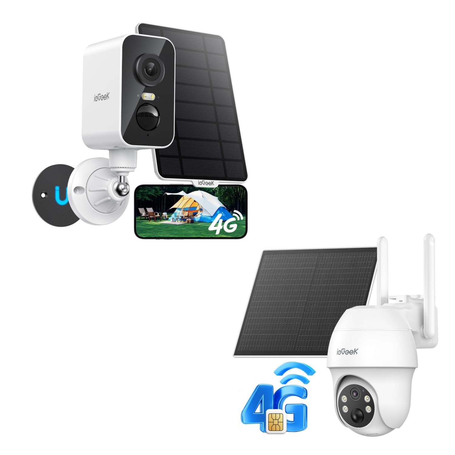 ieGeek Pack 2 Cámaras 4G LTE Sin WiFi, 1 Magnética Portátil + 1 PTZ Fija, Solar, Batería 10000mAh, Visión Nocturna Color 2K, Detección PIR, IP66, Exterior Camping