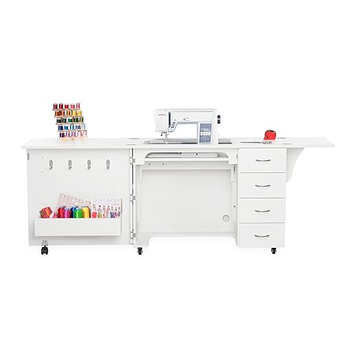 Arrow Classic Sewing Furniture Harriet Full-Size Sewing Cabinet with Hydraulic Machine Lift, Drawers, Expandable Leaves, Locking Wheels - Ash White
