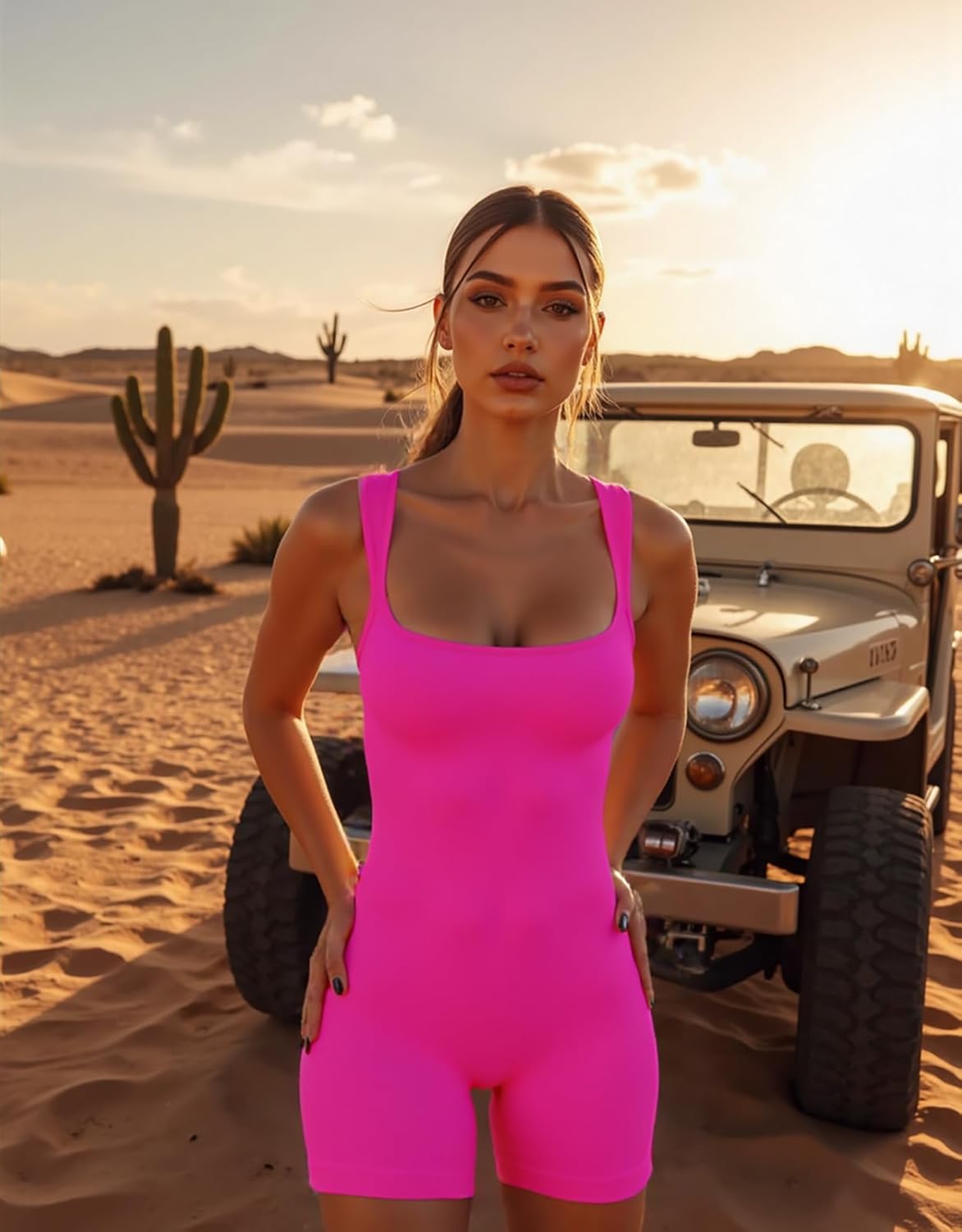 Women's Workout Seamless Romper Yoga Ribbed Bodycon One Piece Square Neck Shorts Jumpsuit - Image 4