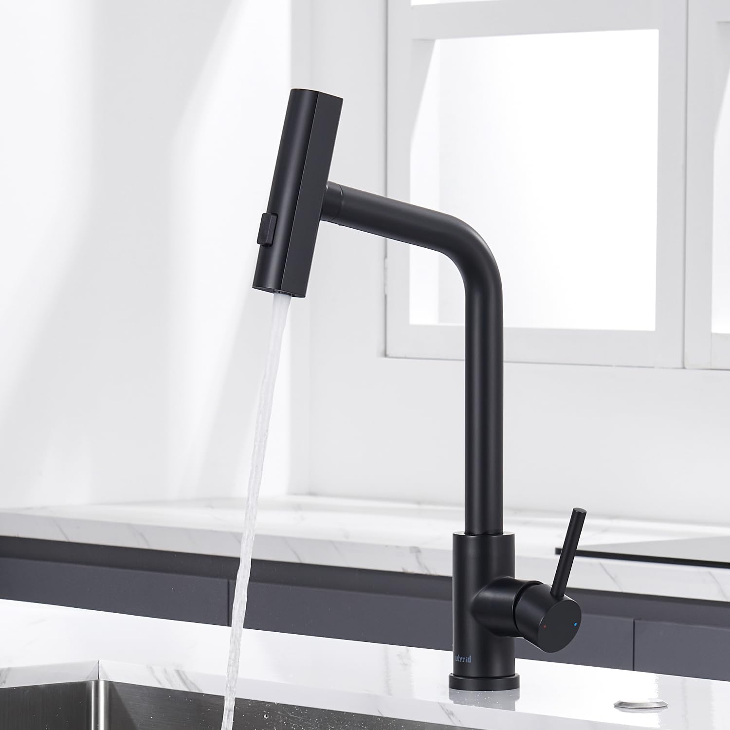 Mitigeur Cuisine Noir Cascade, Douchette Extractible 3 Modes, Robinetterie Evier Escamotable Rotatif 360° Acier Inoxydable