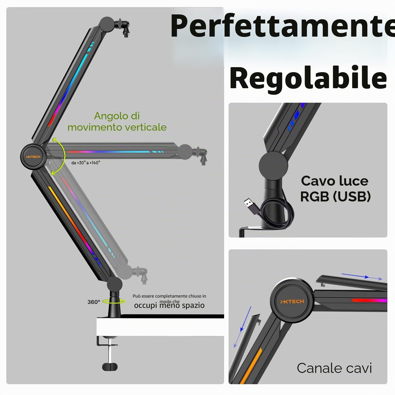 IXTECH Supporto per microfono RGB ad alto profilo, braccio per microfono da scrivania, supporto regolabile per microfono con supporto da scrivania, braccio per microfono per live streaming gaming
