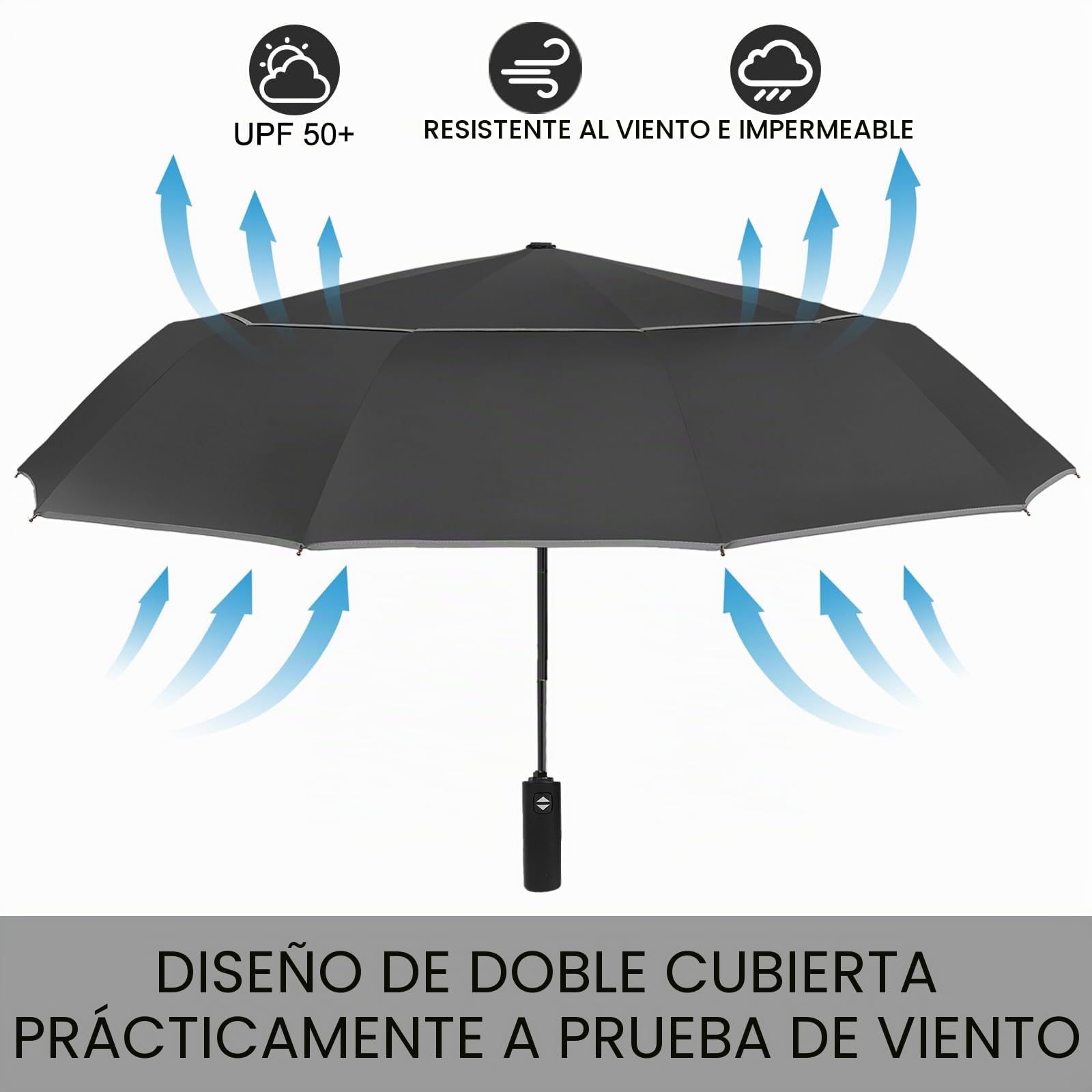 Satol Paraguas de golf automático, resistente al viento, con doble techo y 10 puntales de aluminio, paraguas plegable XXL (diámetro 137 – 157 cm) con bandas reflectantes, para lluvia y sol, negro y