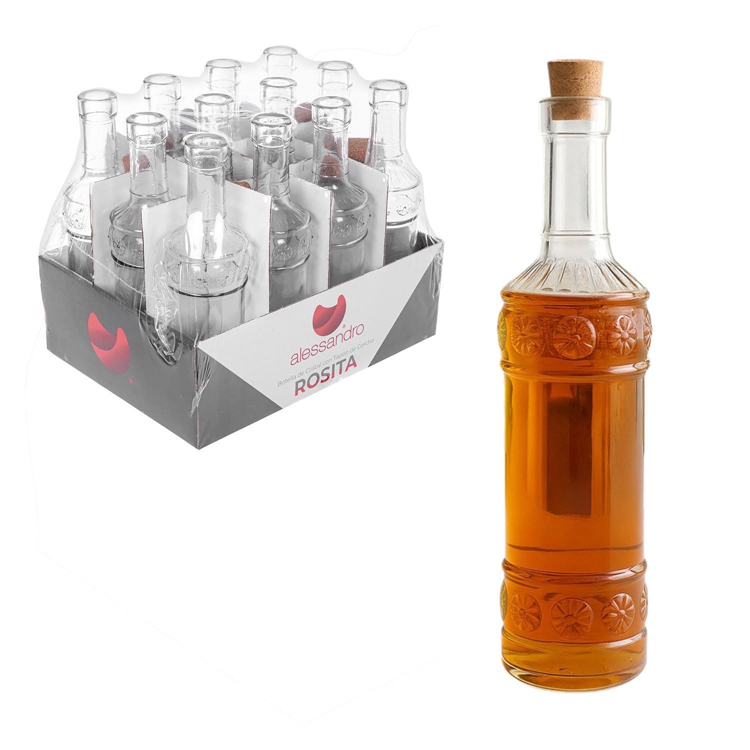 TWO TIGERS Botella de Cristal con Tapón de Corcho. Pack 24 Botellas Reutilizables, Cuadradas y Redondas. Ideal para Hostelería, Bar, Restaurantes, Hoteles, Fiestas y Celebraciones (Redonda 350ml)