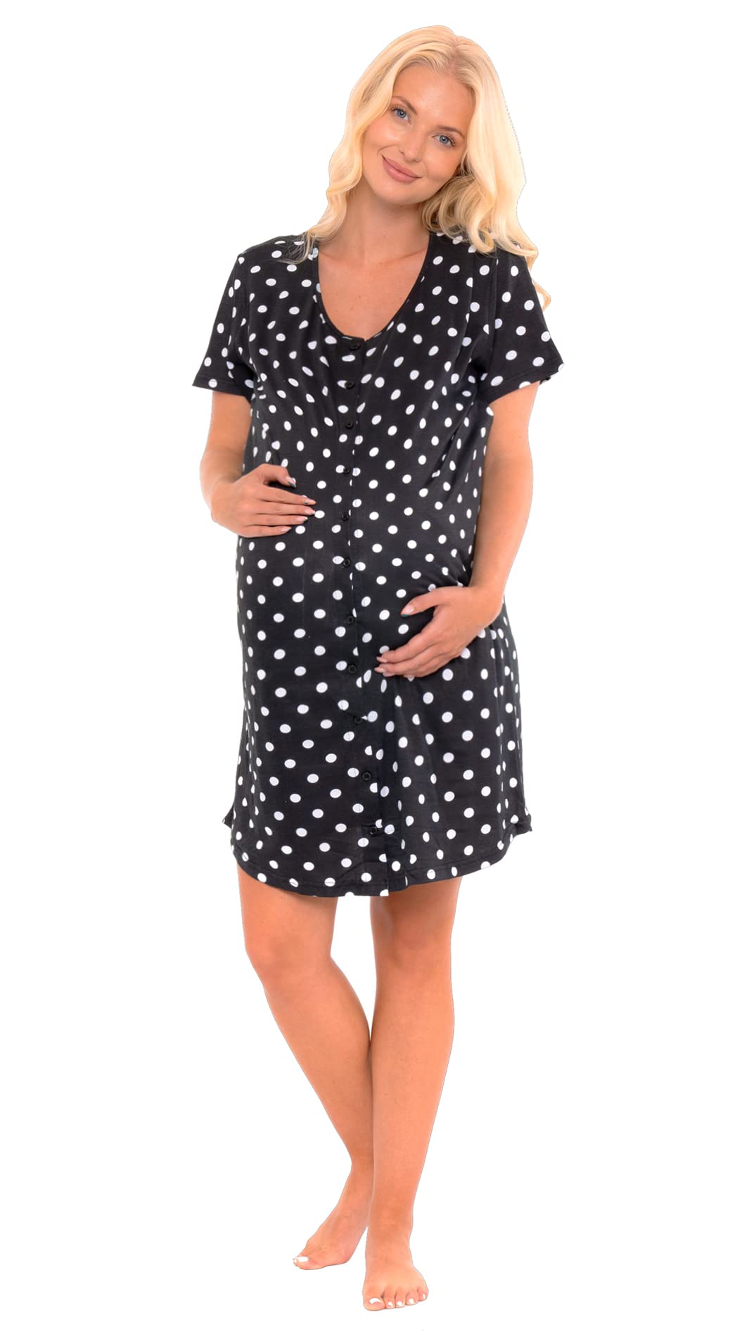Nikaro Cotton Maternity Nightdress Soft & Breathable Nursing Nightie with Short Sleeves Pregnancy & Postpartum Sleepwear (Black) 12-14