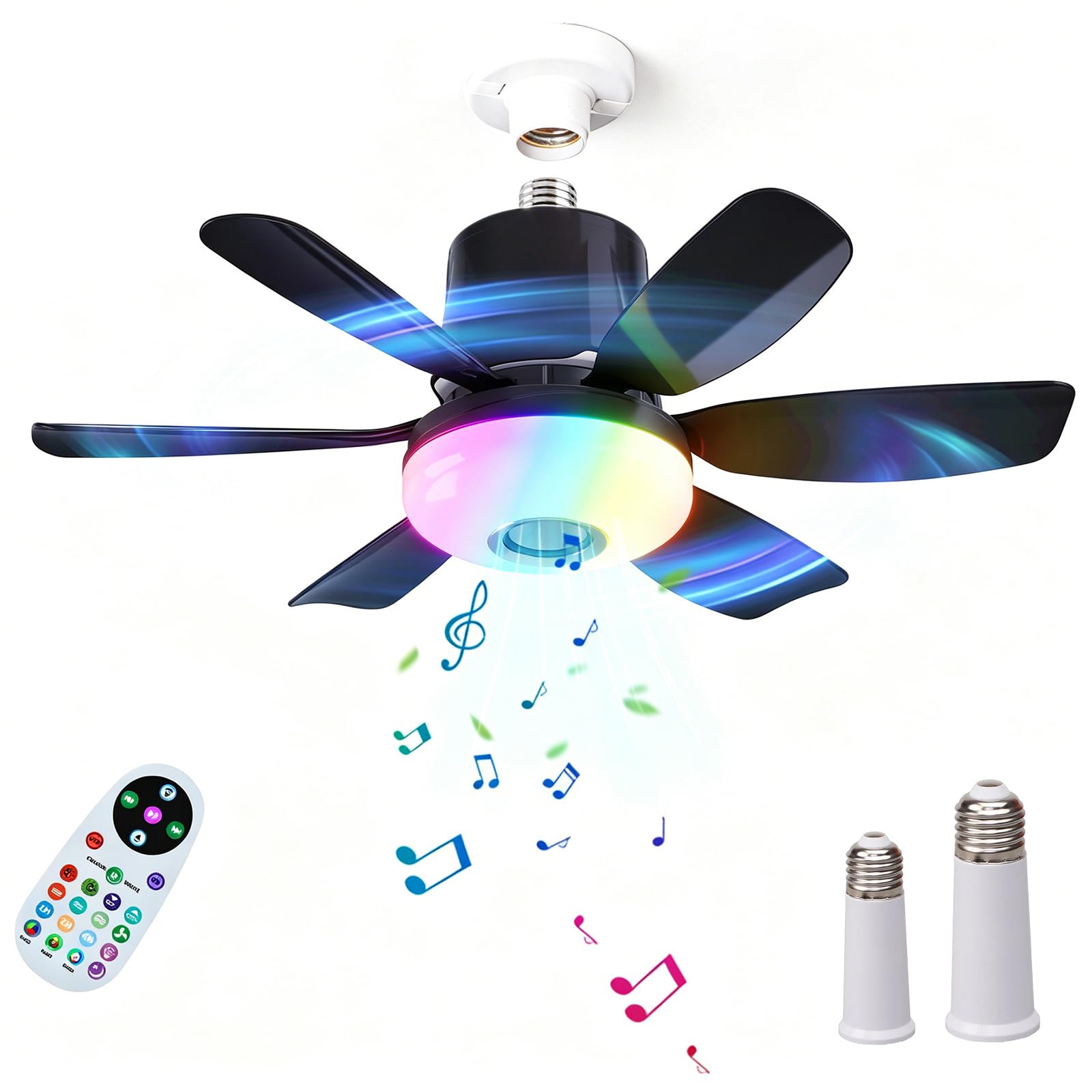 Plafoniera Ventilatore con Luce LED RGB Dimmerabile e Silenzioso con Attacco E27 Ventilatore a Soffitto 3 Velocità Timer e Altoparlante Bluetooth per Camera da Letto, Soggiorno e Cucina (Nero)