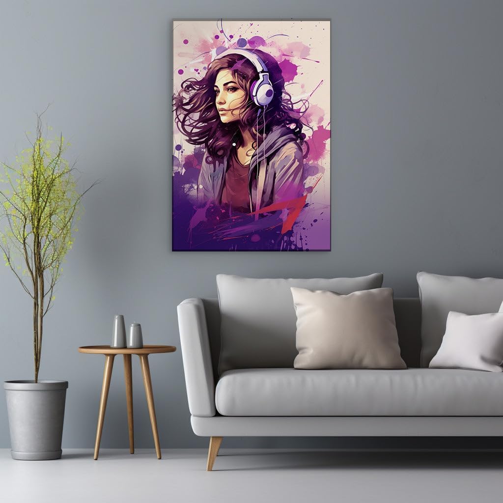 Canvas for Living room. Vibrant Beats of Color: A Girl in Motion with Melodies, 27 x 18 inch Canvas Wall Art - Ready to Hang