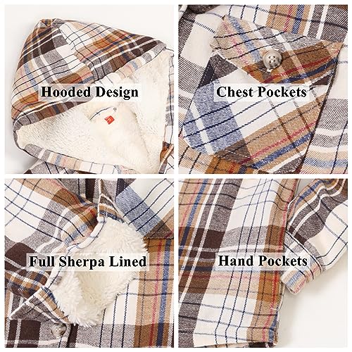 Image of ThCreasa Girls Sherpa Lined Plaid Button Hooded Jacket | Fully Interior Lined, Button Up, Flannel Outer, Family Photo Ready, School To Holiday Events, Fall Winter Shacket With Hood