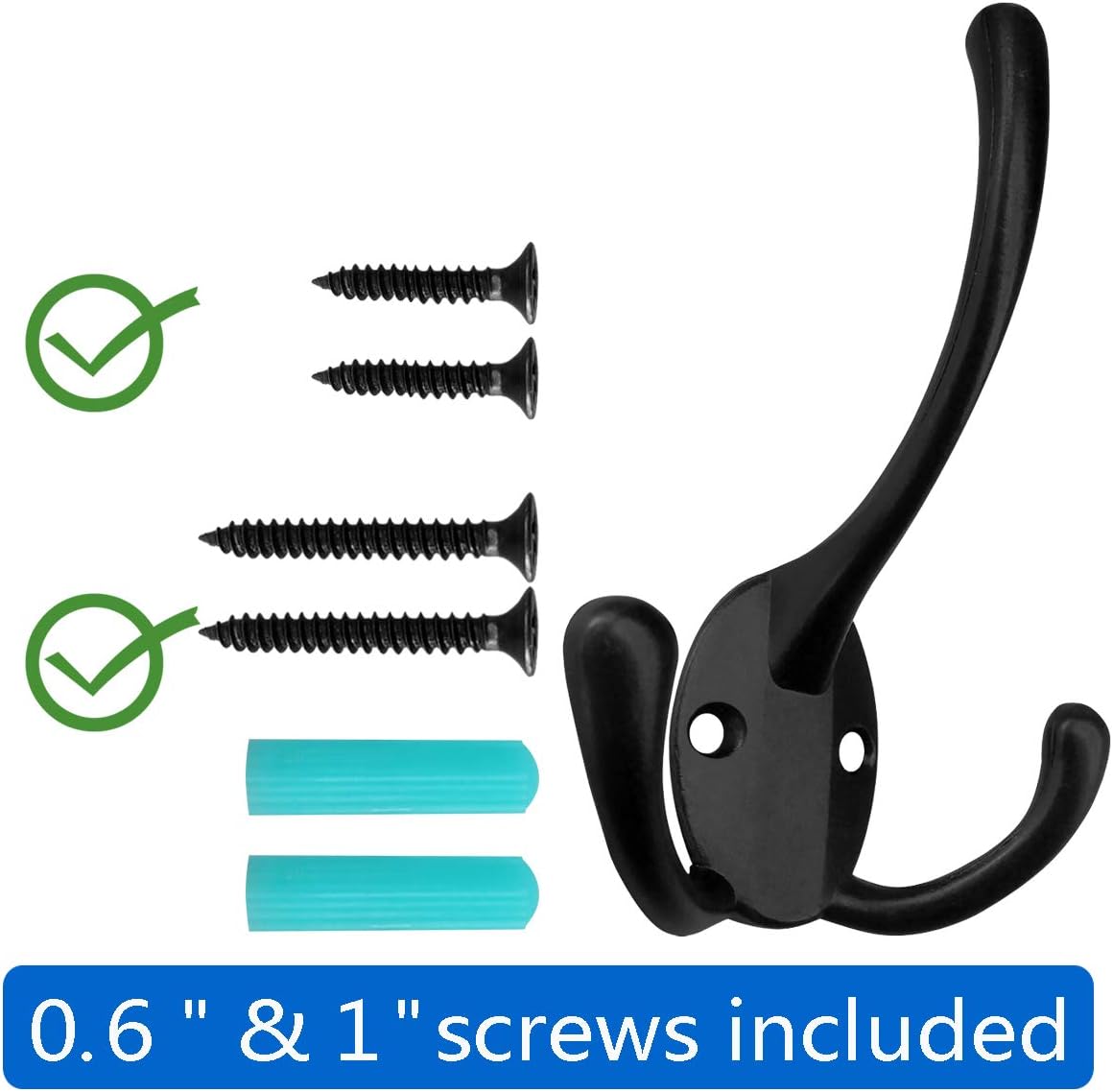 IBosins 6 Pack Big Heavy Duty Three Prongs Coat Hooks Wall Mounted with 24 Screws (Two Types of Screws Included) Retro Double Utility Rustic Hooks for Thick Coat, Big Heavy Bags (6 Pack) - Image 2