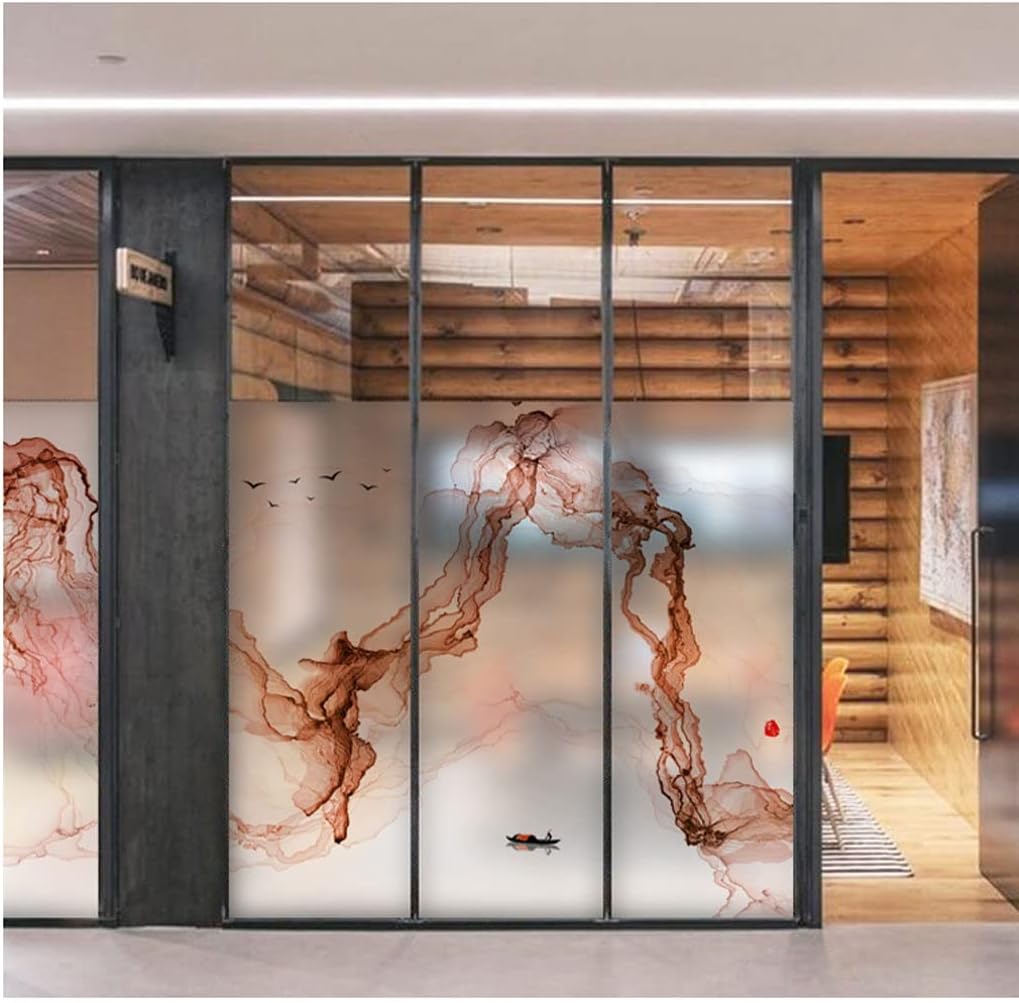 Window Clings Window Privacy Film Modern Chinese Landscape Painting Office Static Sticker Frosted Color Decorative Glass Window Film Privacy Window Film(C,60 * 120 cm)