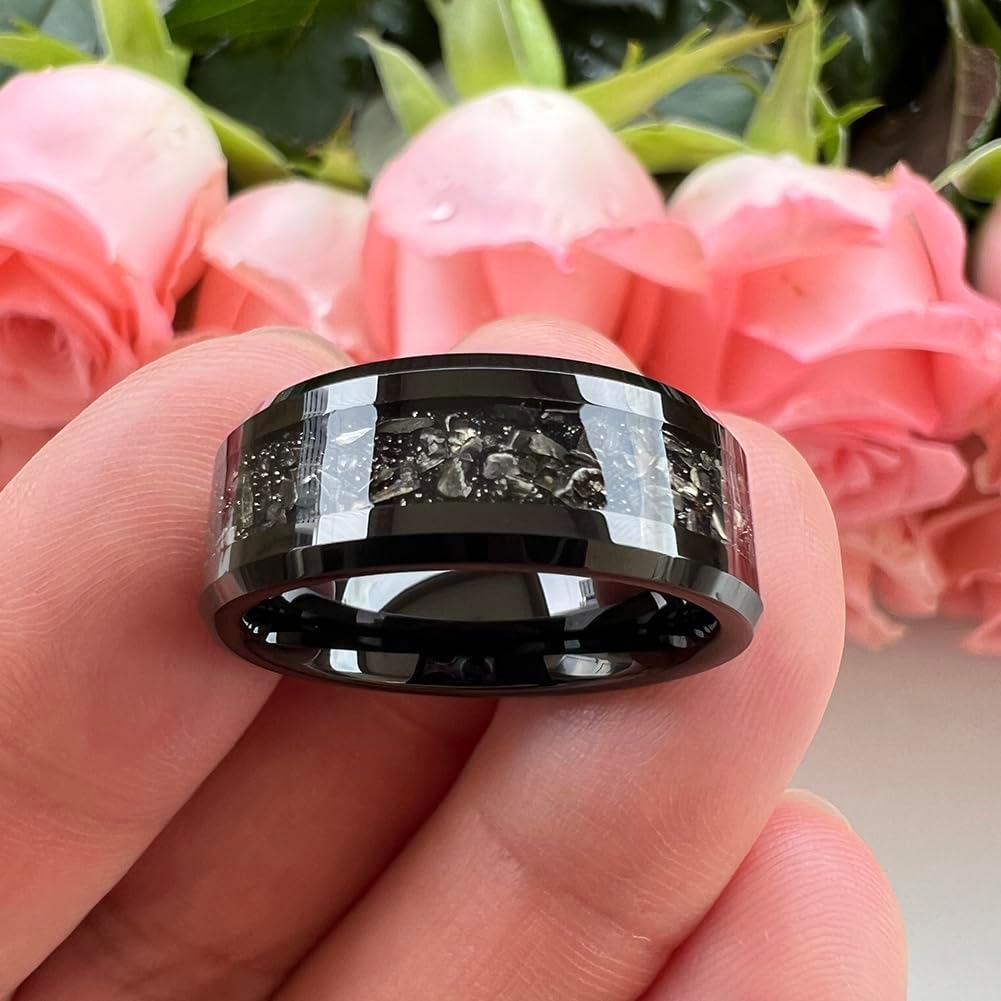 6mm 8mm Silver/Black Tungsten Rings for Men Women Meteorite Shavings Inlay Promise Engagement Wedding Bands Beveled Edges Polished Shiny Comfort Fit - Image 3