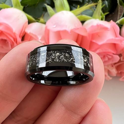 Miniatura 3 de Anillos de 6mm y 8mm de tungsteno plateadonegro para hombres y mujeres, con incrustaciones de virutas de meteorito, anillos de compromiso y