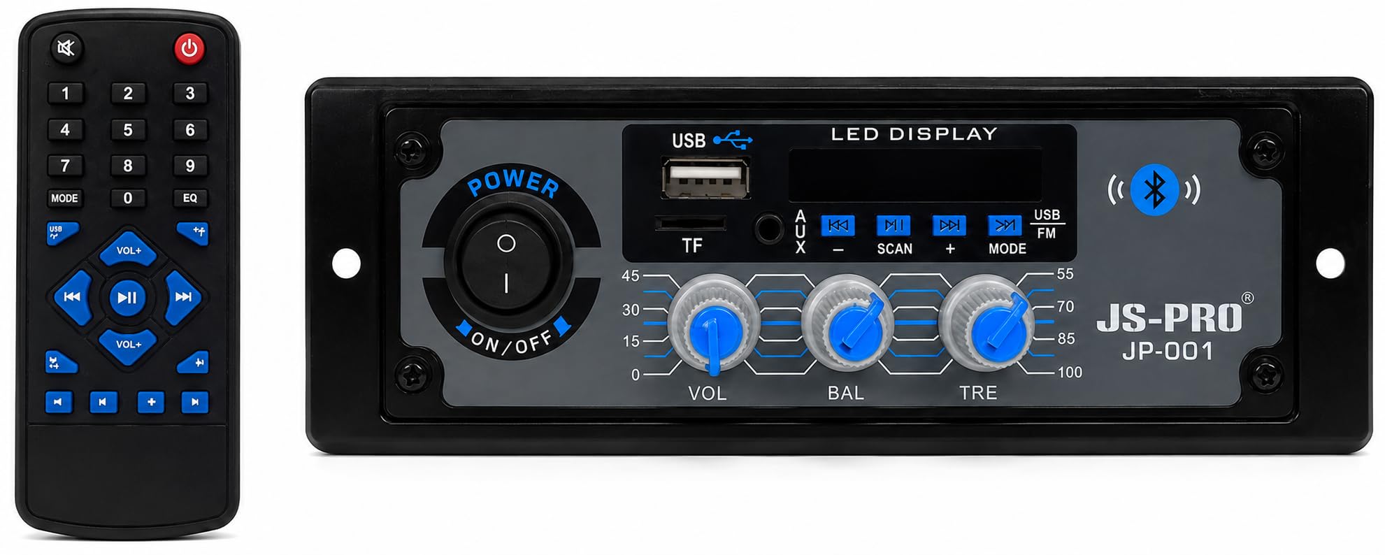 JP-001 12V DC Bluetooth, USB Stereo Amplifier with FM Radio | Dual Mic Echo Function, USB/TF/FM/AUX Inputs, LED Display & Remote, Metal Body Cooling Fan, Made in India-image-10