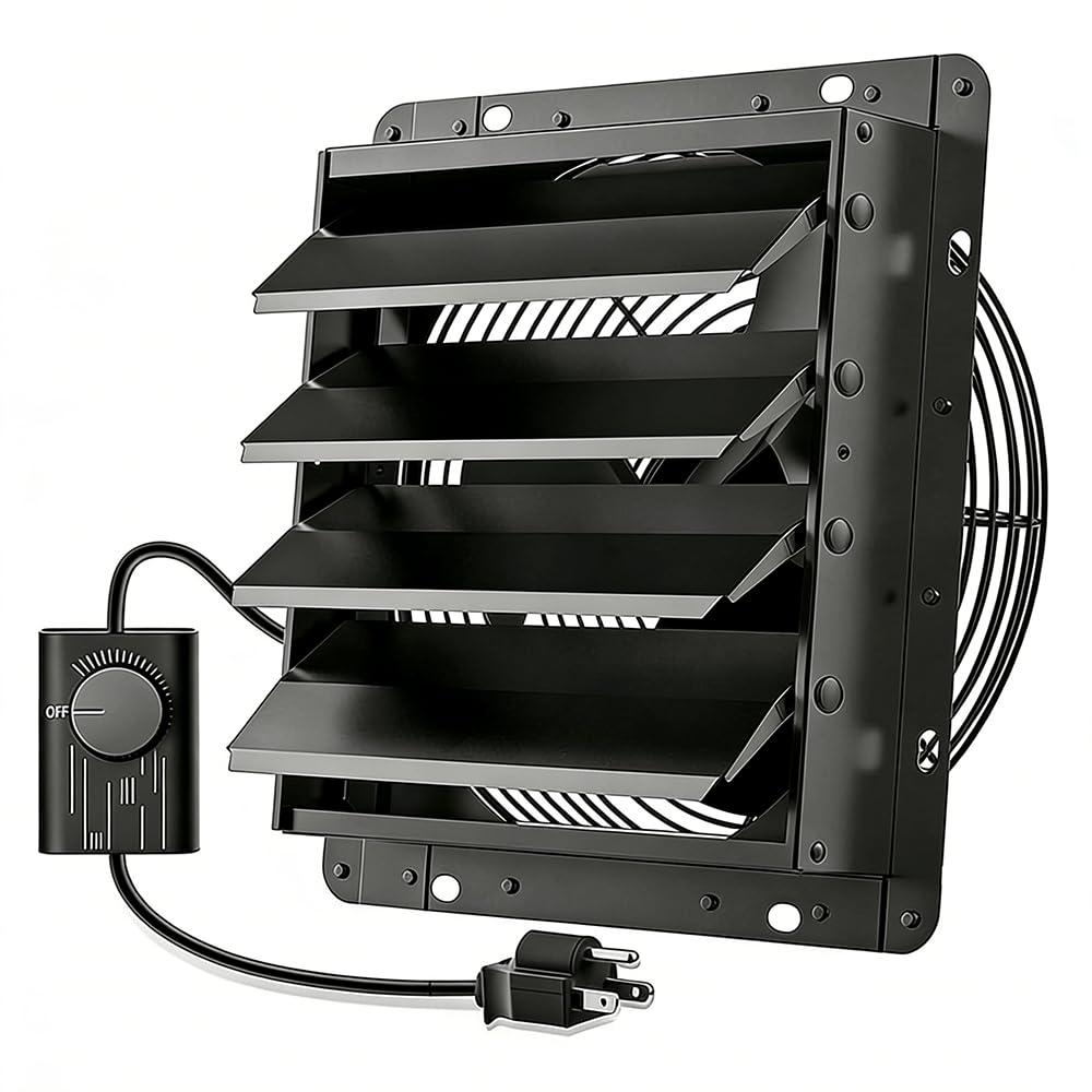 HG Power 16 Inch Attic Fan with Speed Controller, 1681 CFM Shutter Exhaust Fan with EC Motor, Wall Mounted Greenhouse Fan for Shed, Basement, Gable, Chicken Coop Ventilation Use, Black