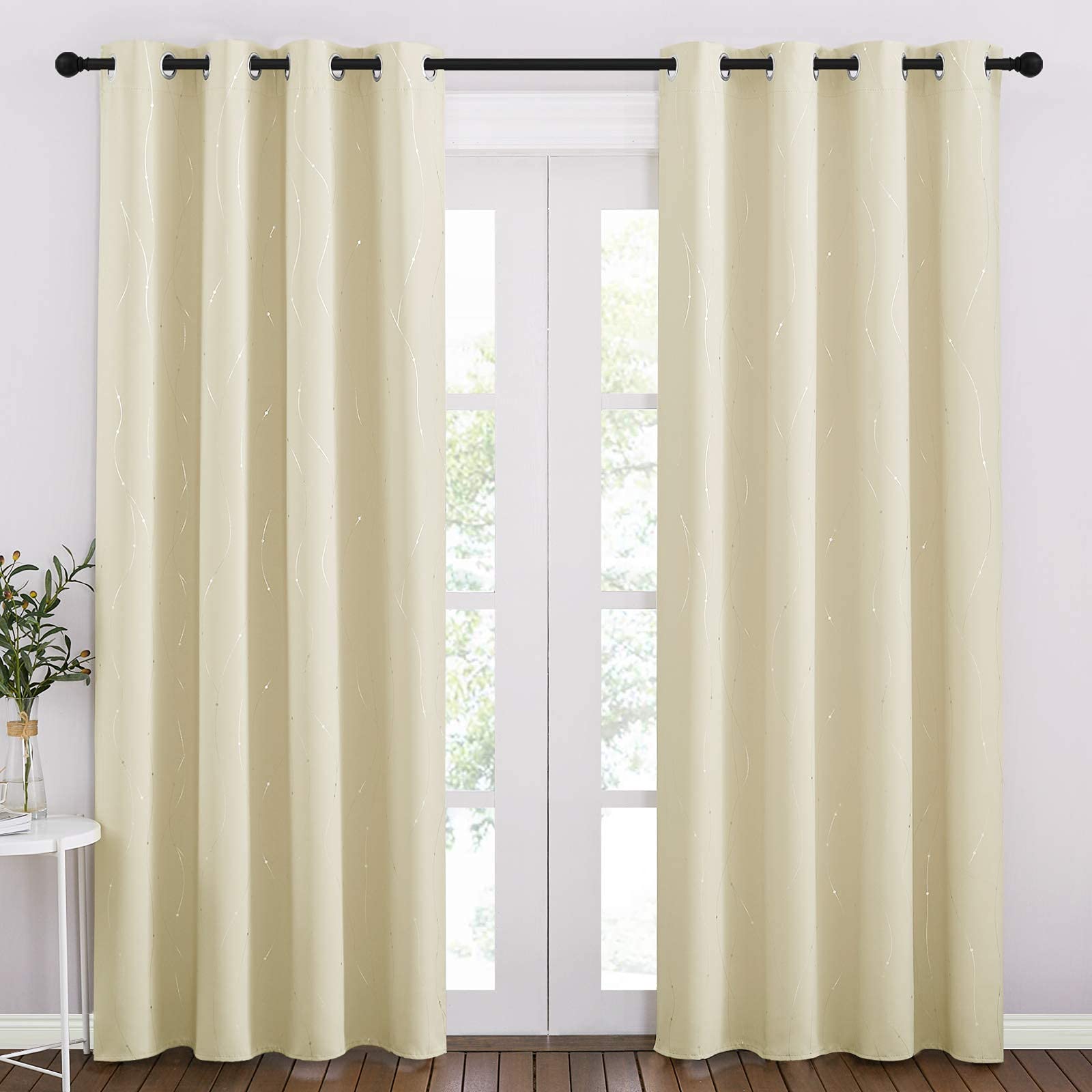 StangH Beige Thermal Insulated Curtains 84 inch for Patio Door, Grommet Blackout Curtains with Silver Wave Line Pattern for Living Room/Office, W52 x L84 inch, Cream Beige, 2 Panels
