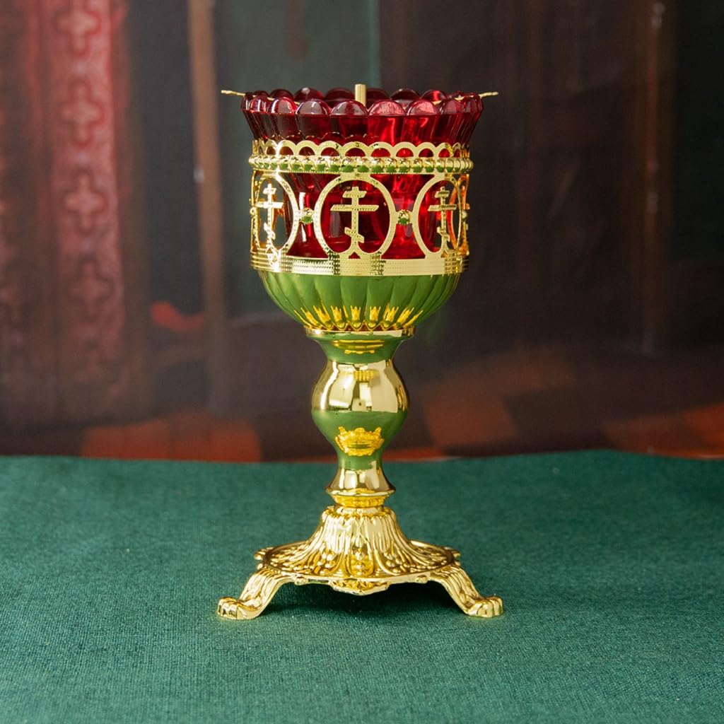 Lampada ortodossa per chiesa ortodossa, portacandele ortodossa placcata oro con tazza di vetro rosso, lampada a olio con design a croce a 3 barre per preghiera domestica, culto della chiesa