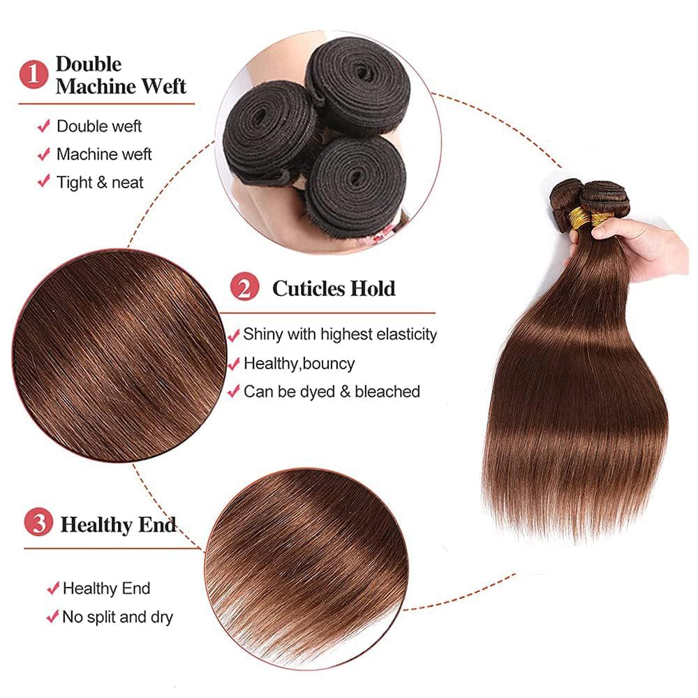 Color #4 Human Hair Dark Brown Straight Bundles 20 20 20 Inch image 3