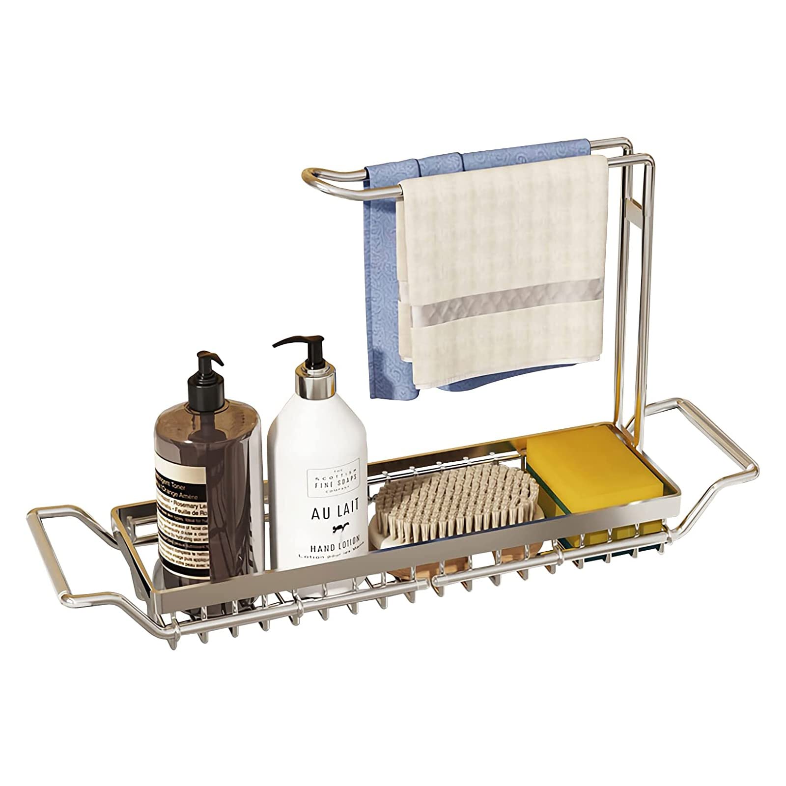 PIKETU Sponge Holder for Kitchen Sink, Telescopic Sink Storage Rack, Expandable (21.26 * 9.25 in) Sink Caddy Organizer with Dishcloth Towel Holder (Black)-White||L