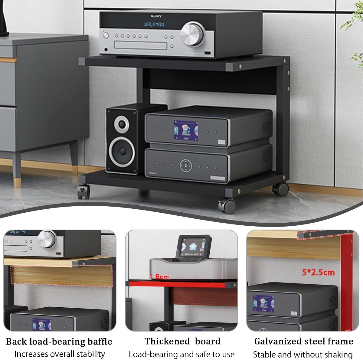 Mobile Audio Hifi Supporto Mdf,2 Livelli Mobile Rack Hifi,Dispositivi Di Streaming,Mobile Audio Hi-Fi Per Altoparlanti Rack Con Ruote Universali,Audio Av Tower,Ripiano Av Componenti Audio Video(Black,