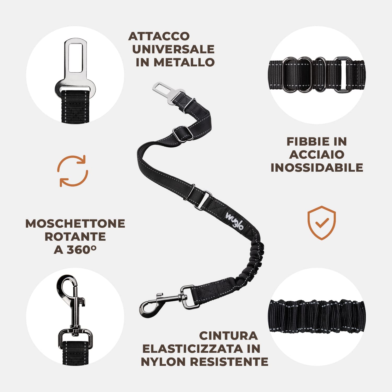Wuglo Cintura per Cani Auto da 30 a 95 cm - Cintura di Sicurezza per Cani Elasticizzata - Cintura Auto per Cani con Attacco Spesso - Guinzaglio Auto per Cani Universale (Nero)