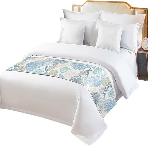 Miniatura 2 de Caminos de cama azul y verde azulado coral para cama tamaño Queen, mantas de cama para pie de cama, playa de verano, estrellas de mar, costero,