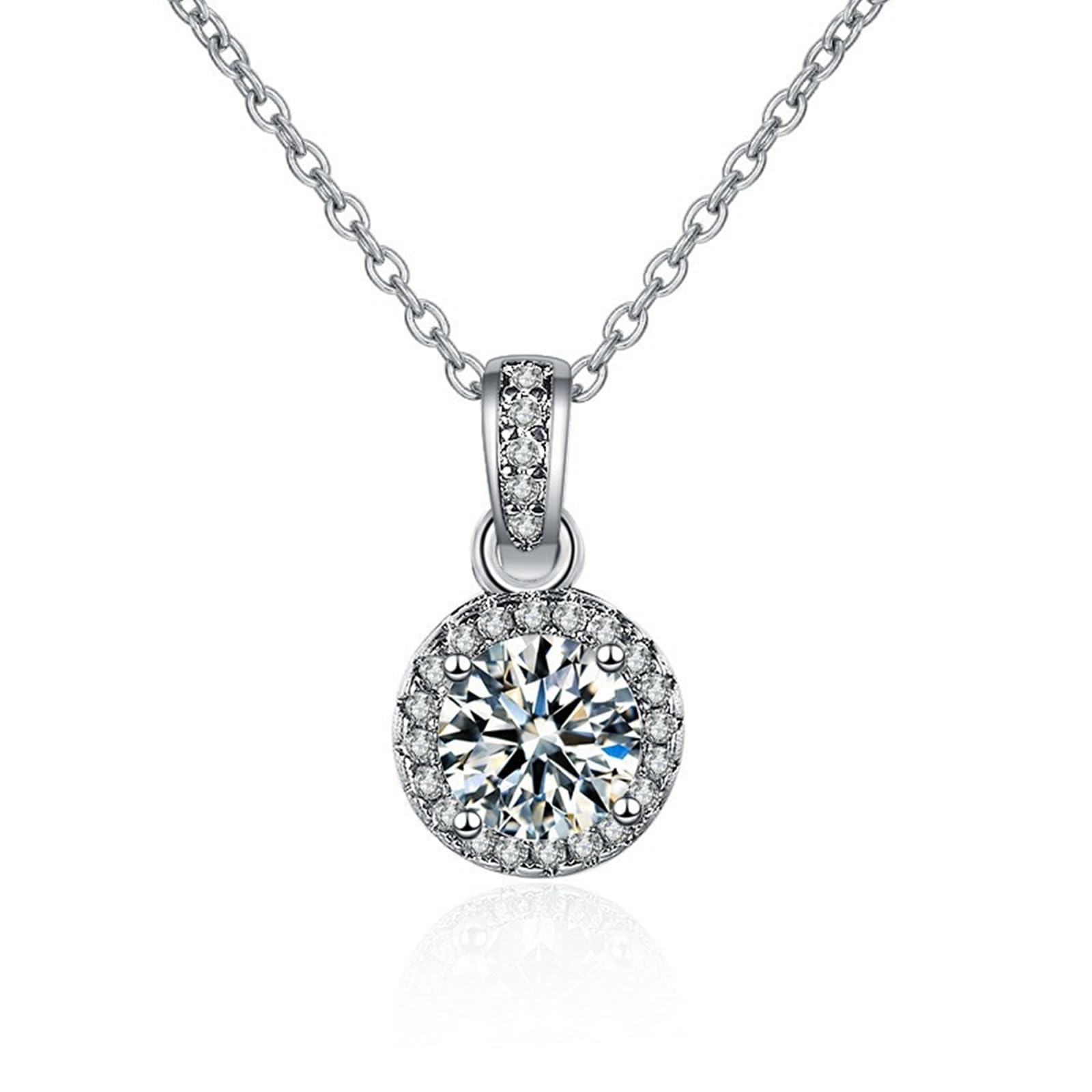 18K White Gold Pendant Necklace for Women, Dainty Chain Necklaces Elegant Design with 1ct Round Lab Created Diamond Pendant Necklace for Women White Gold 45CM Length